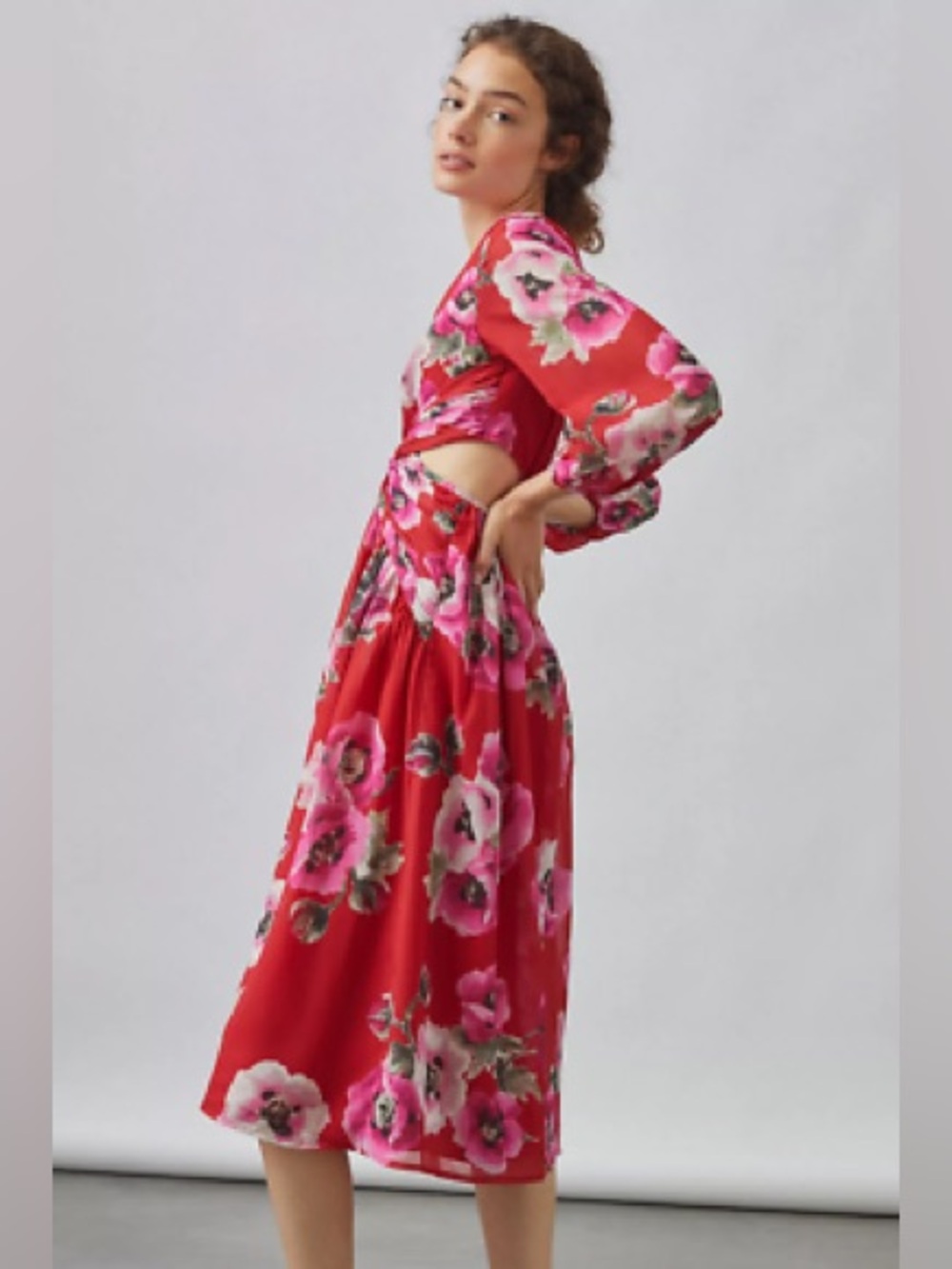 Ranna Gill Anthropologie Red Floral Long Sleeve Midi Dress Sz S